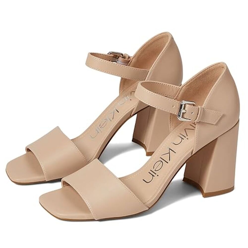Calvin Klein Block Heel Sandal 8.5 Elegant Formal Chic Wedding Nude Tan Quelyn